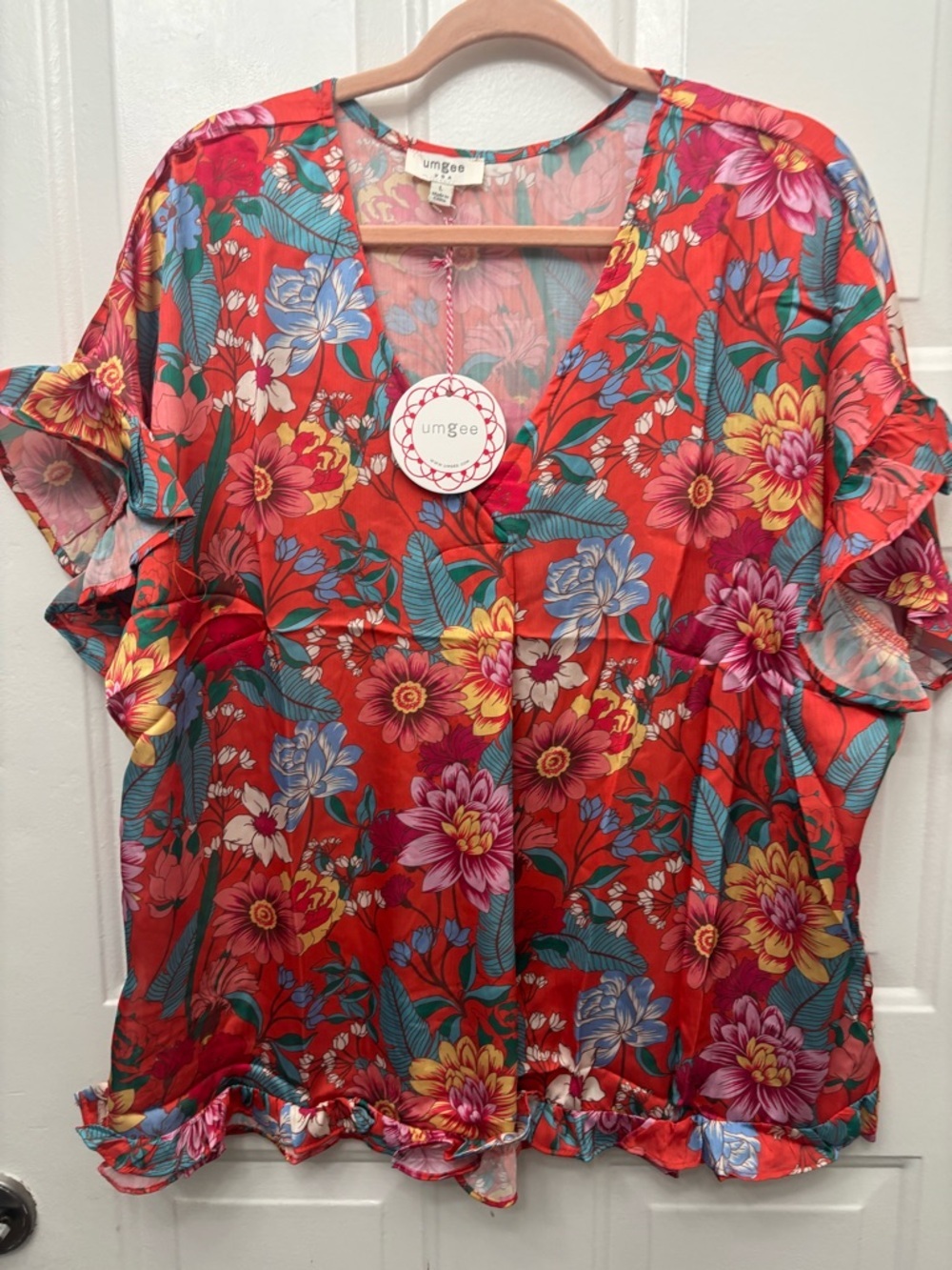 Umgee Red Multicolor Floral V-Neck Ruffle Sleeve Blouse